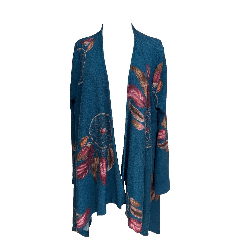 Lovely J Teal Dreamcatcher Feather Boho Cardigan 1XL LJ1783-7 Handkerchief Hem